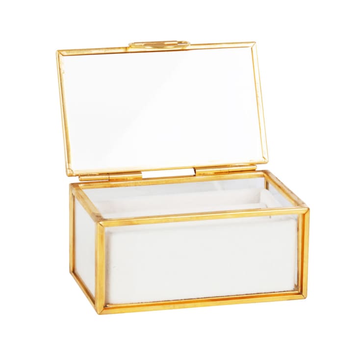 Guarda-joias em vidro transparente, dourado e tecido cru