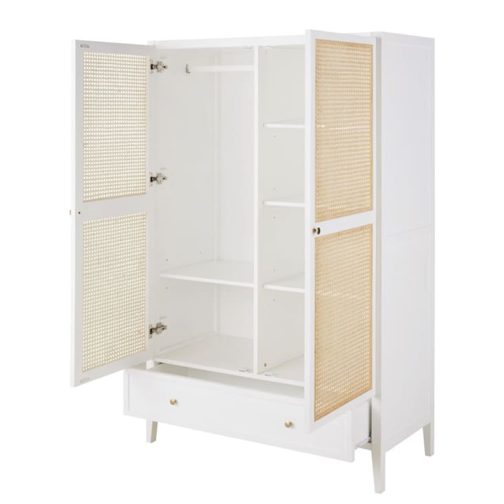 Guardaroba a 2 ante, 1 cassetto écru e rattan intrecciato Siwa