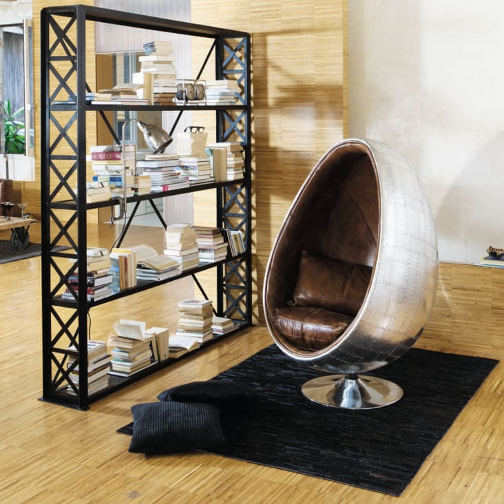Industriële, eivormige fauteuil van bruin leer-Coquille ambiance-1