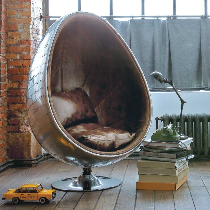 Industriële, eivormige fauteuil van bruin leer-Coquille ambiance-3