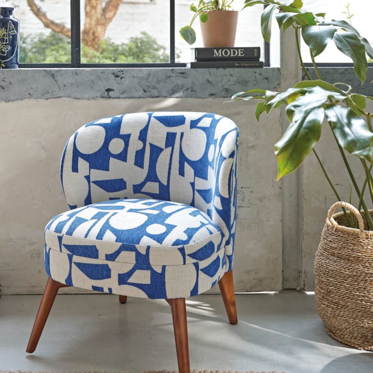 behang Gezond eten Metafoor Jacquard geweven fauteuil met Blue en ecru print Katie | Maisons du Monde