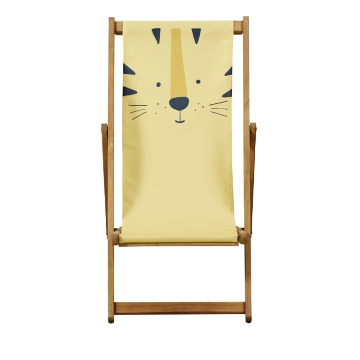 Kinder-Liegestuhl aus Akazienholz und Stoff, gelb mit Tigerkopf-Mini Jungle cropped-2