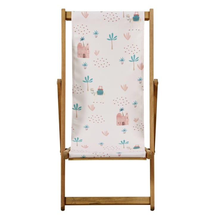 Kinderligstoel van acacia en roze bedrukte stof-Siwa cropped-2