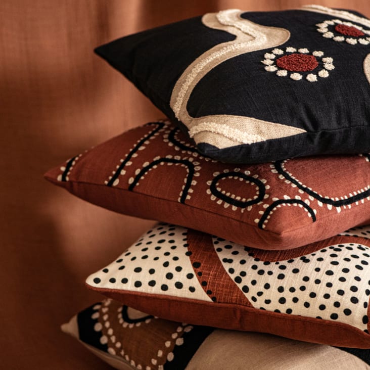 Kissenbezug aus Baumwolle mit schwarz terrakotta ecru, Monde du Maisons DUBBO | 40x40 und Muster