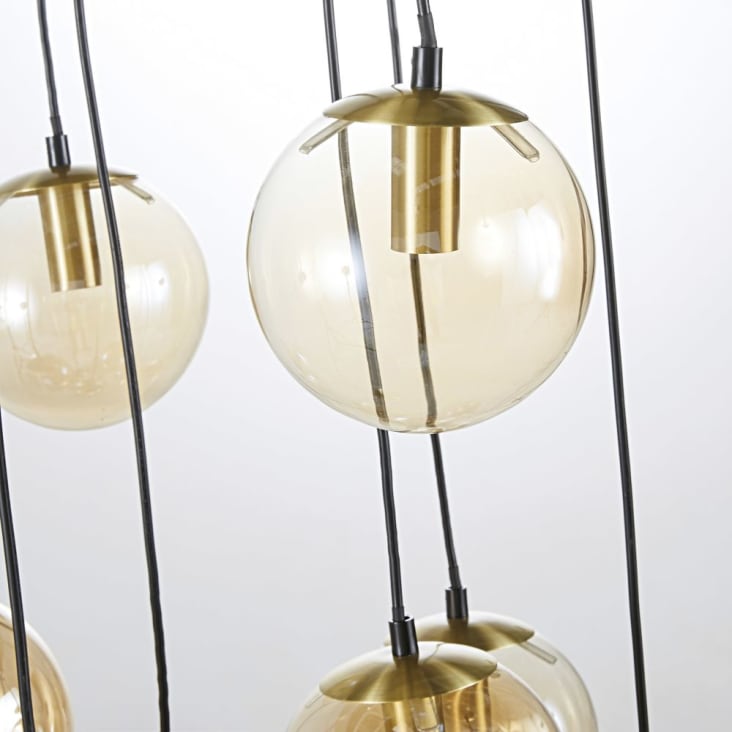Lampada a sospensione in metallo dorato con 8 globi in vetro ambrato-PALLANCA cropped-2