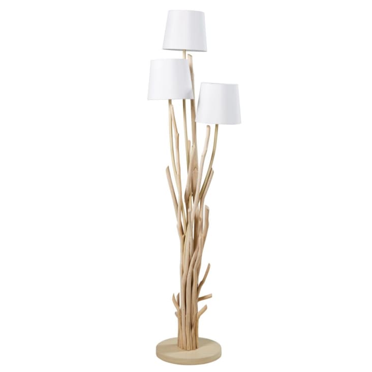 Lampada in legno fluitato con paralume bianco, h 159 cm-NIRVANA