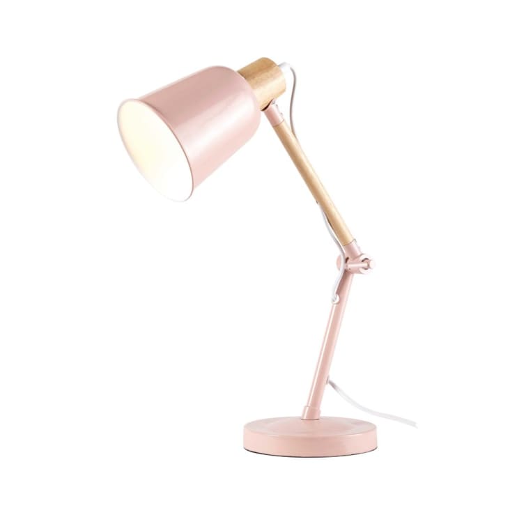 Lampe de bureau avec porte-crayons en métal rose et hévéa LEXIE