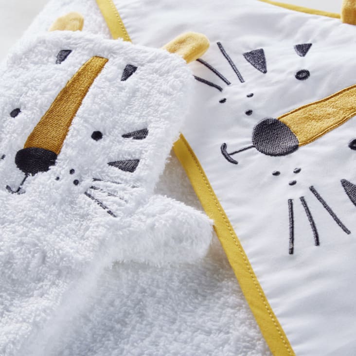 Mantella da bagno neonato in cotone bianco con testa di tigre giallo senape  e nera SAMBA