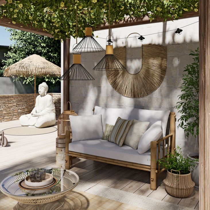 Mesa baja de jardín redonda de cuerda beige y cristal-Figuera ambiance-3