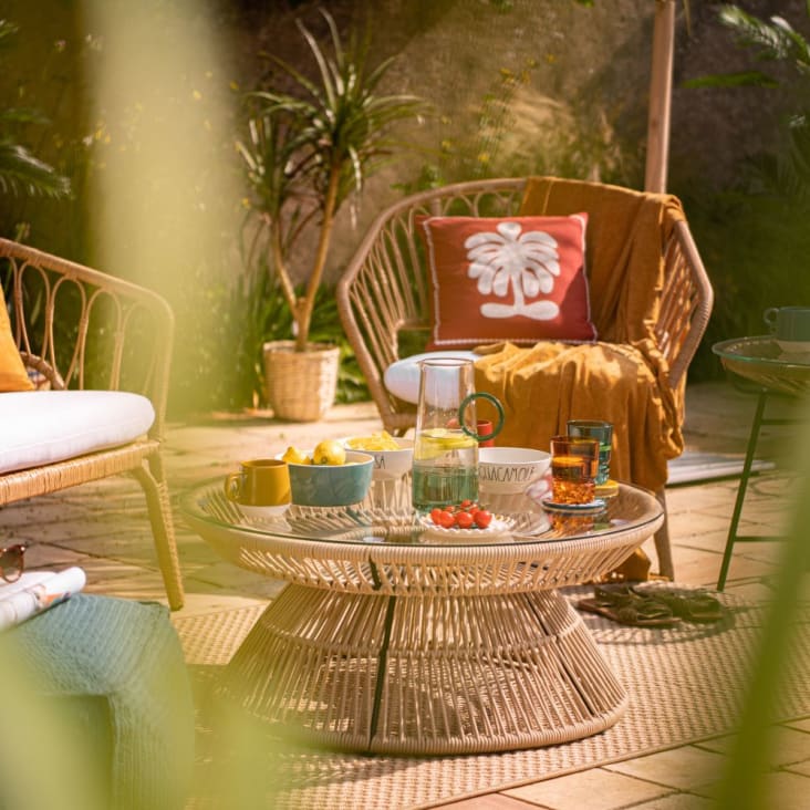 Mesa baja de jardín redonda de cuerda beige y cristal-Figuera ambiance-6