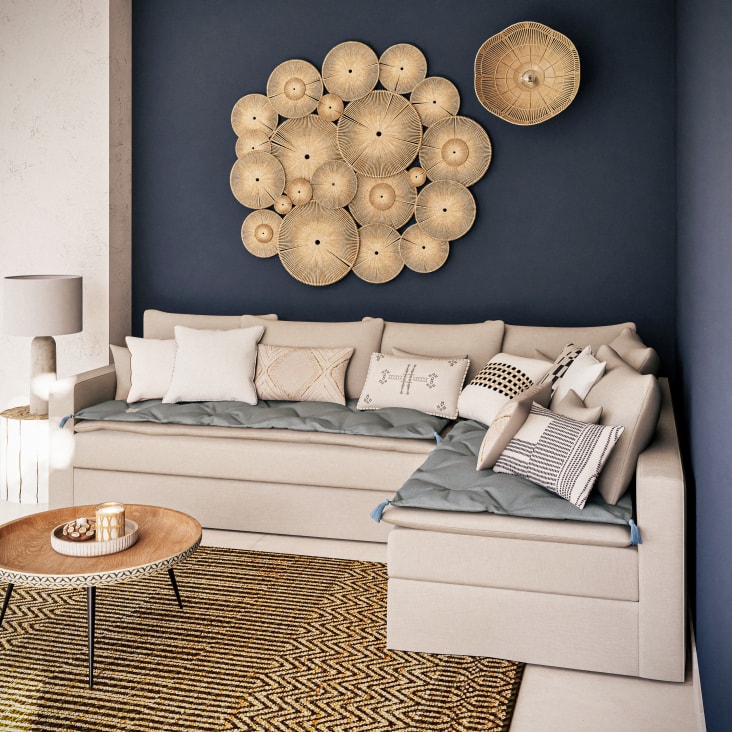 Mesa baja redonda de mango macizo tallado y metal negro Krishna Maisons du Monde