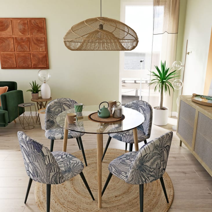 Conjunto de mesa y sillas de cocina o comedor, encimera cristal, madera,  blanca