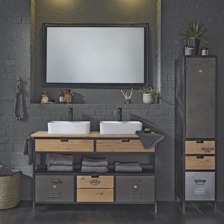 Meuble colonne de salle de bains 1 porte 2 tiroirs en métal noir et gris anthracite et sapin-Harvey ambiance-4
