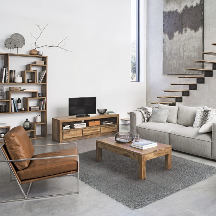 Meuble salon en bois : table basse, canapé, meuble TV