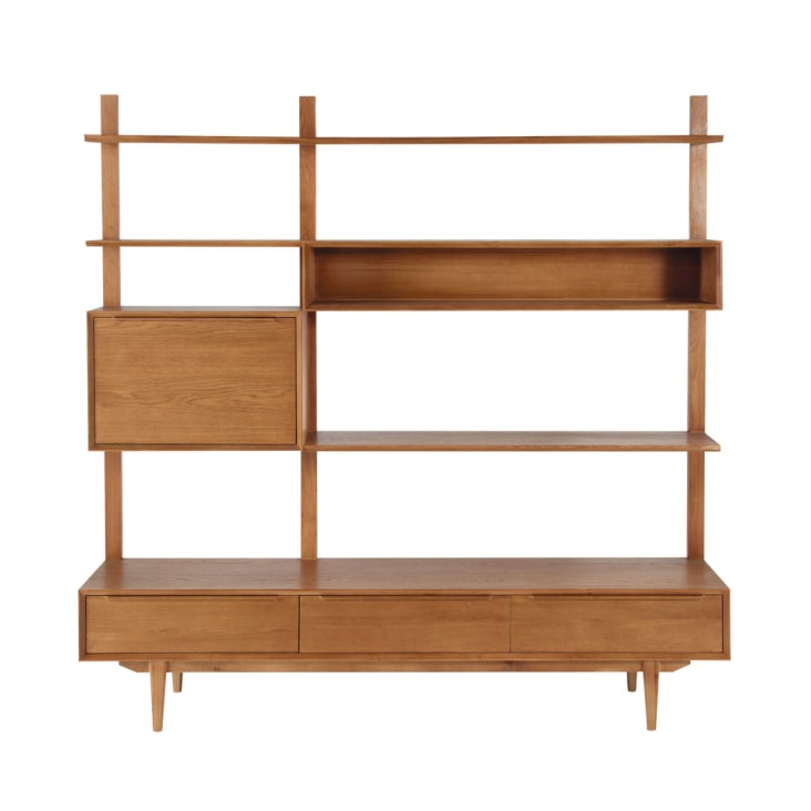 Meuble TV étagère vintage 3 tiroirs 1 porte en bois de chêne massif-Portobello