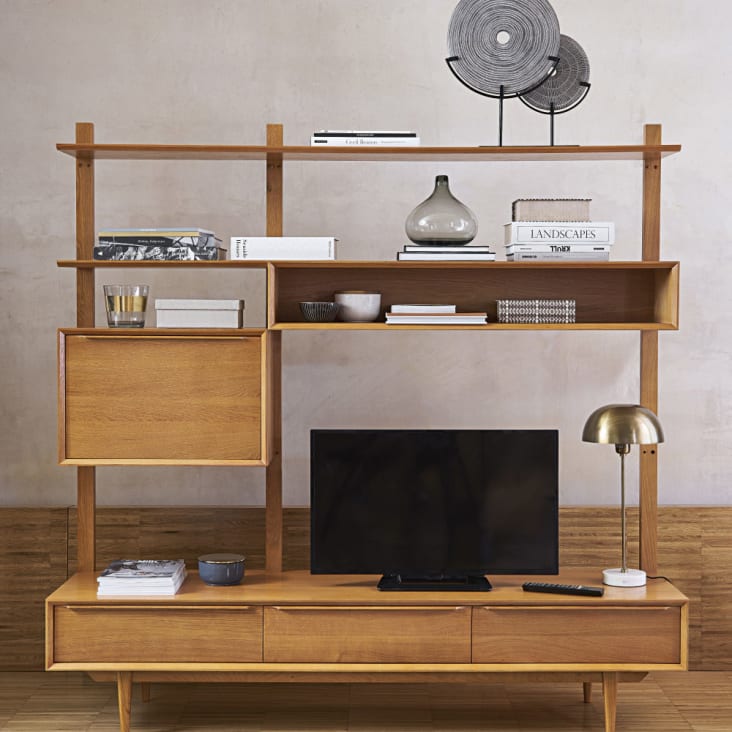 Meuble TV étagère vintage 3 tiroirs 1 porte en bois de chêne massif-Portobello ambiance-7