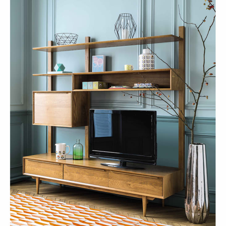 Meuble TV étagère vintage 3 tiroirs 1 porte en bois de chêne massif-Portobello ambiance-6