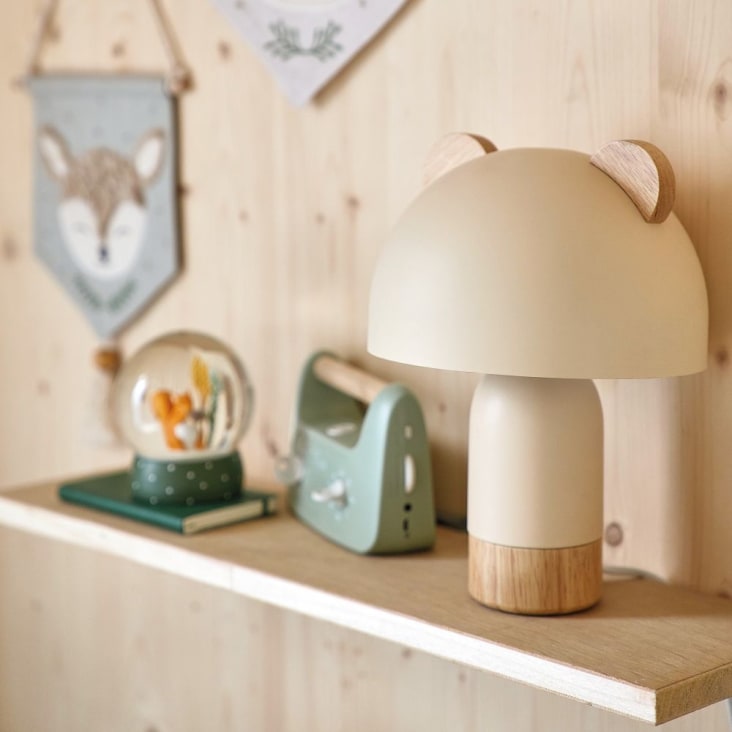 Mini lampada da tavolo in metallo beige con orecchie in legno di hevea  OULANKA