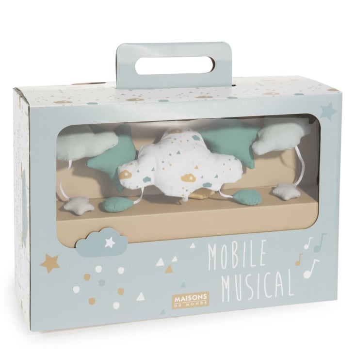 Mobile musical pour bébé en coton blanc, bleu et jaune moutarde-Gaston cropped-3
