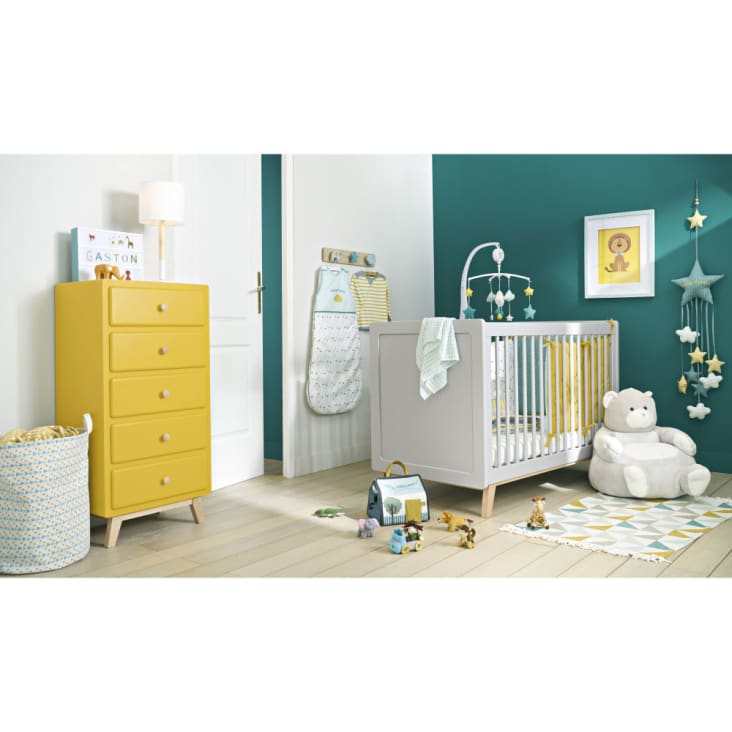 Mobile musical pour bébé en coton blanc, bleu et jaune moutarde-Gaston ambiance-7