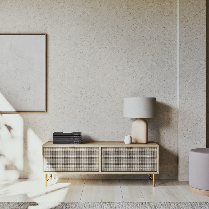 Mobile TV In Rattan E Legno 170cm - Stile Country, Con Ante E Cassetti, Bianco - Foto 3