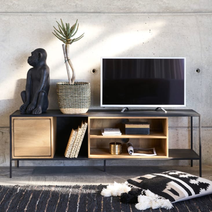 Mobile TV ad 1 anta in metallo nero e legno massello di mango-Wayampi ambiance-11