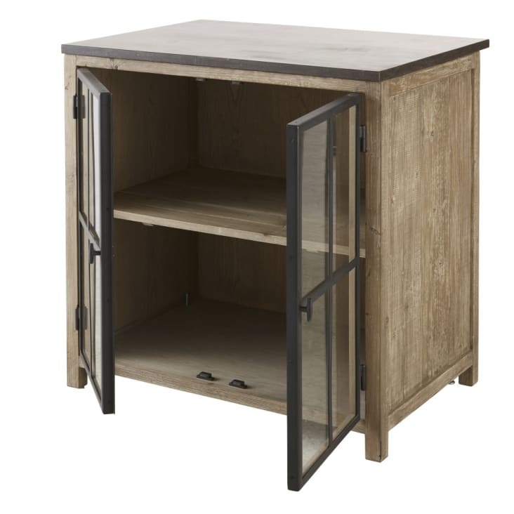 Mueble bajo de cocina con 2 puertas acristaladas de pino reciclado grisáceo  Greta