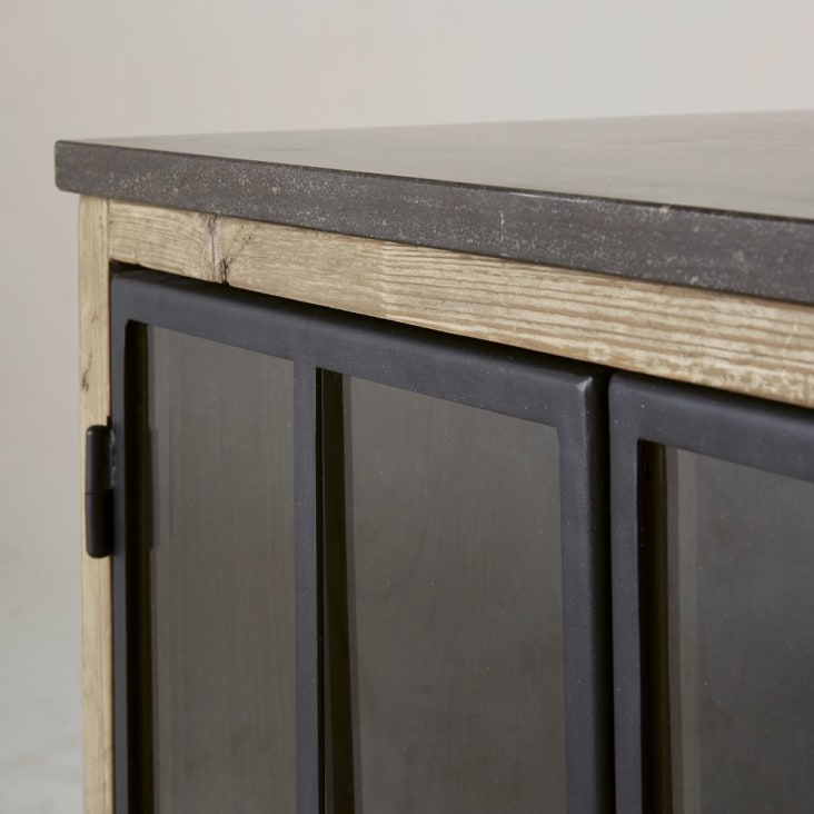 Mueble bajo de cocina con 2 puertas acristaladas de pino reciclado grisáceo  Greta