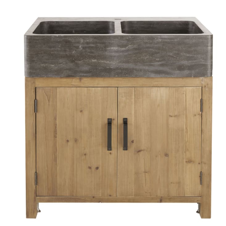 Mueble bajo de cocina para fregadero con 2 puertas de pino reciclado con efecto envejecido-Aubagne