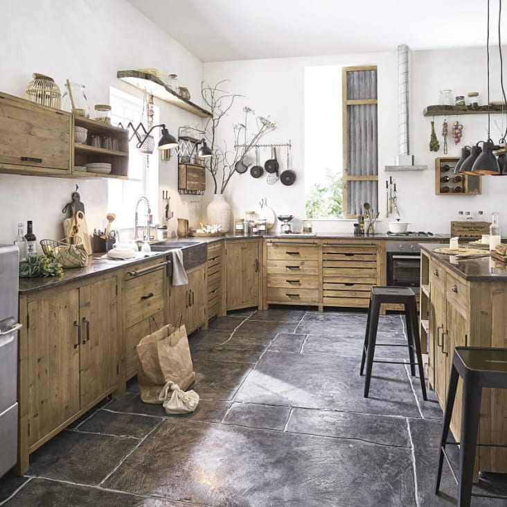 Mueble bajo de cocina para fregadero con 2 puertas de pino reciclado con efecto envejecido-Aubagne ambiance-8