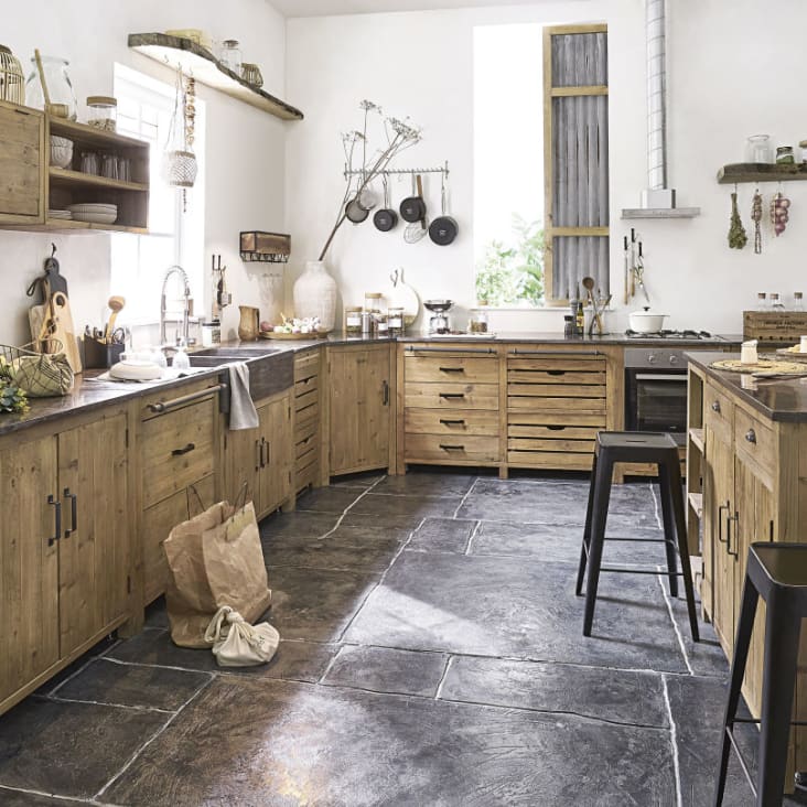 Mueble bajo de cocina para fregadero con 2 puertas de pino reciclado con efecto envejecido-Aubagne ambiance-7