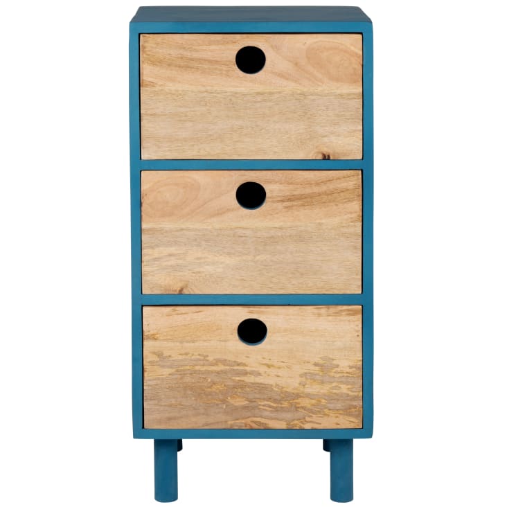 Mueble de almacenamiento pequeño de madera de mango con 3 cajones azul