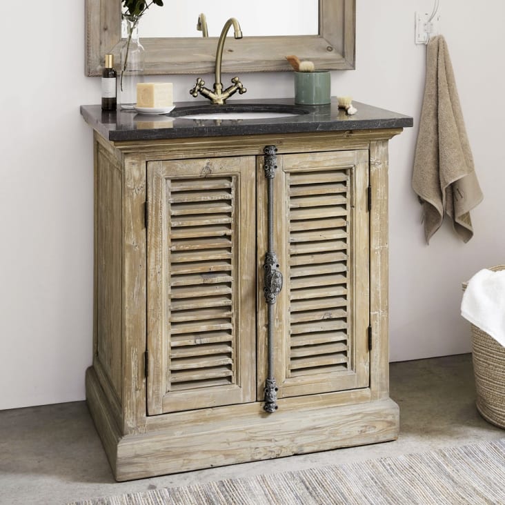 Mueble de lavabo de pino reciclado y piedra azul antracita-Persiennes ambiance-5