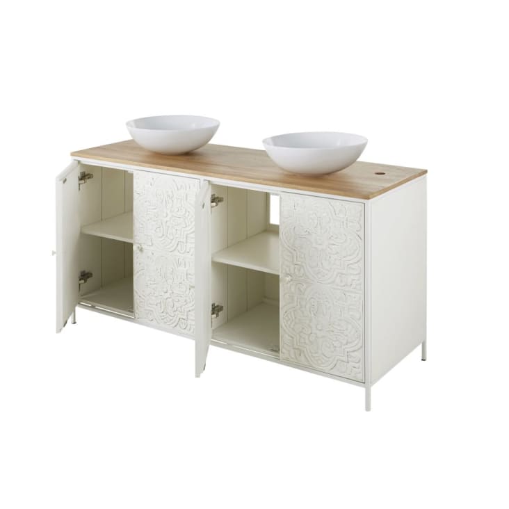 Mueble de lavabo doble, 4 puertas de mango y hojas de metal en relieve blancas-Kaloa cropped-2