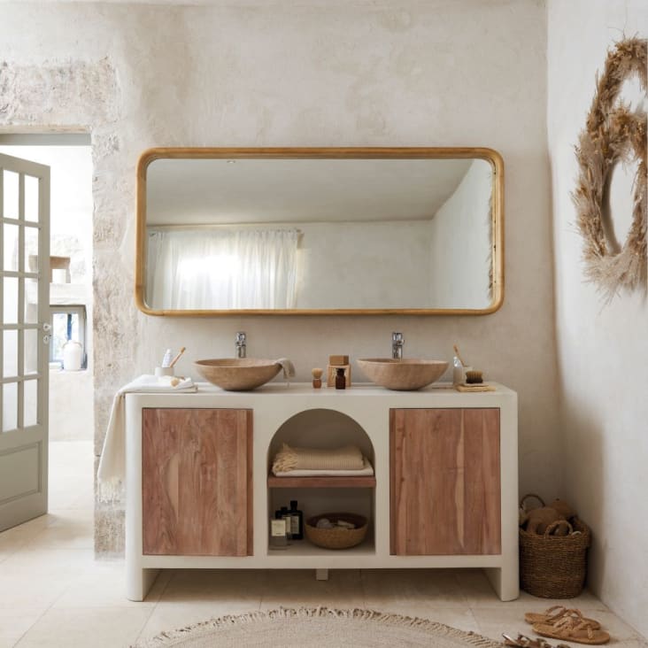 Mueble de madera de mango beige y blanco crema para dos lavabos