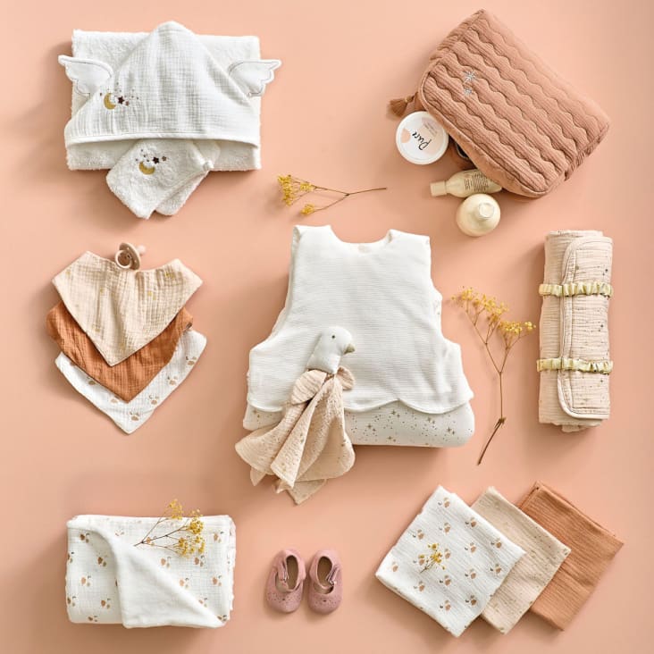 Muselinas bebé, gasa de algodón orgánico en blanco estampado, beige rosado  y terracota (x3) OIA