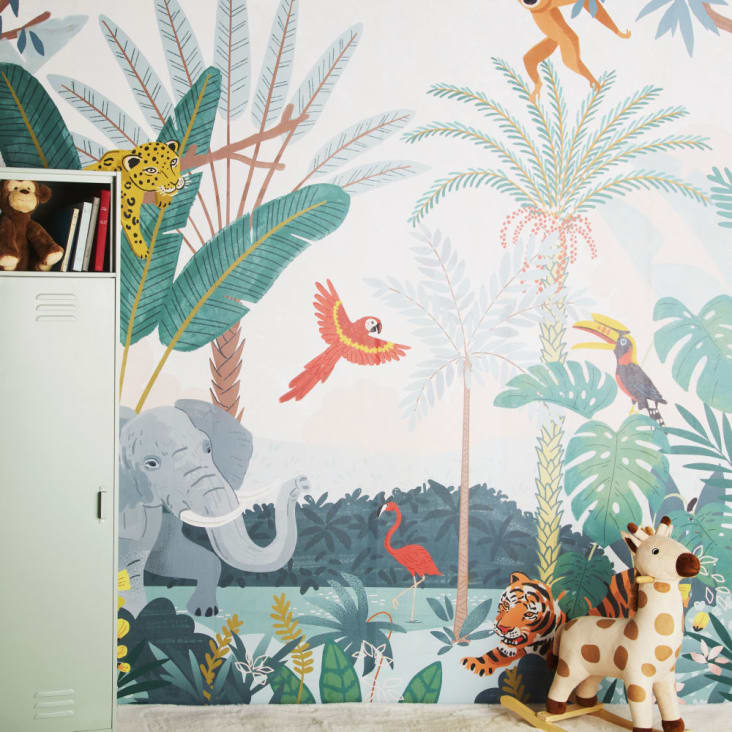 Papier peint panoramique imprimé jungle multicolore 250x300-LITTLE JUNGLE