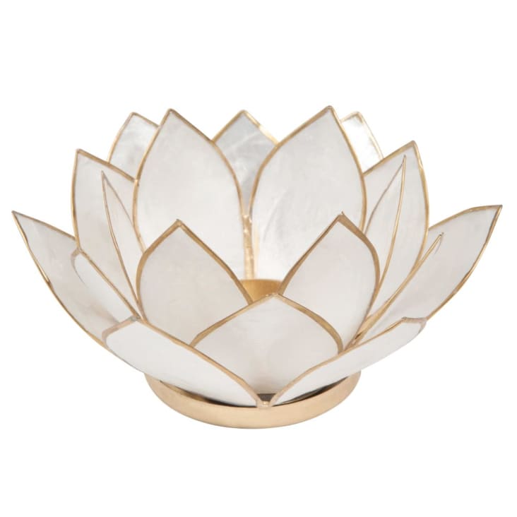Perlmuttfarbener Kerzenhalter aus weißem Metall, LOTUS-Lotus