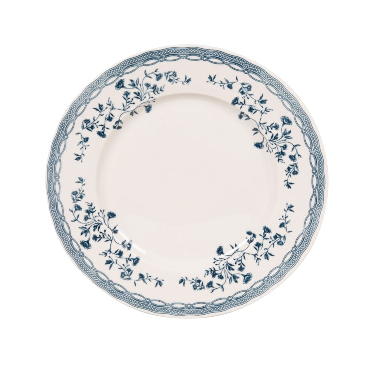 Tovaglia in plastica blu e bianca con decorazioni floreali blu e