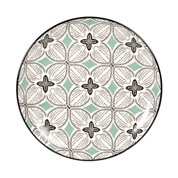 Plato de postre, gres, motivos gráficos azul grisáceo, verde y blanco-MELIDES cropped-2