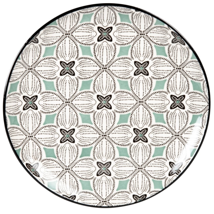 Plato plano de gres con motivos gráficos azul grisáceo, verde y blanco-MELIDES cropped-2