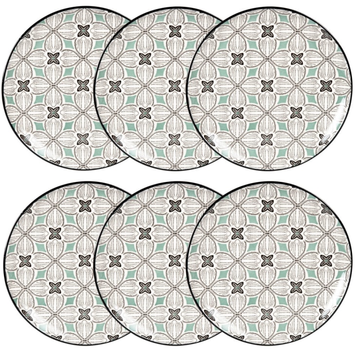 Plato plano de gres con motivos gráficos azul grisáceo, verde y blanco-MELIDES