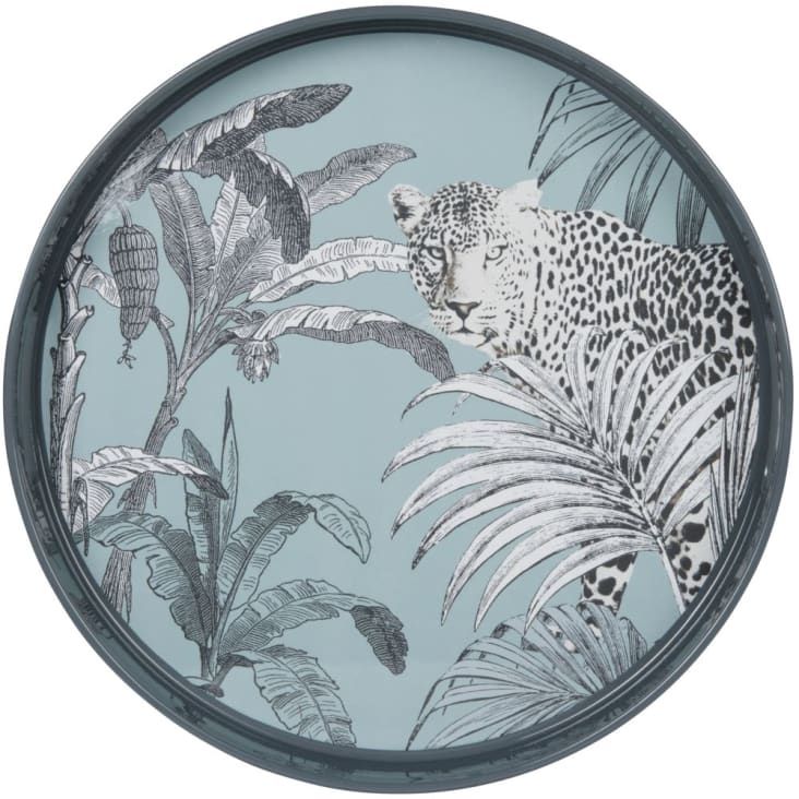 Platte, rund, blaugrau lackiert, Druckmuster aus Pflanzen und Gepard-EXOLEO cropped-2