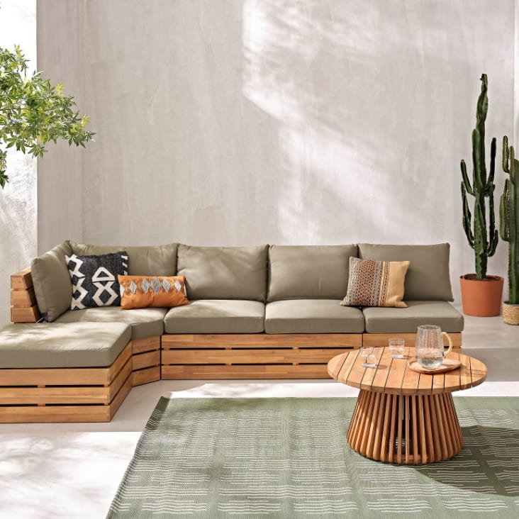 Poltroncina da giardino professionale modulare in acacia massello e cuscini verde kaki-Floripa Business ambiance-9