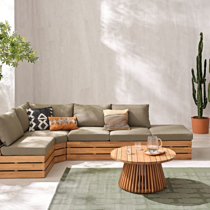 Poltroncina da giardino professionale modulare in acacia massello e cuscini verde kaki-Floripa Business ambiance-7