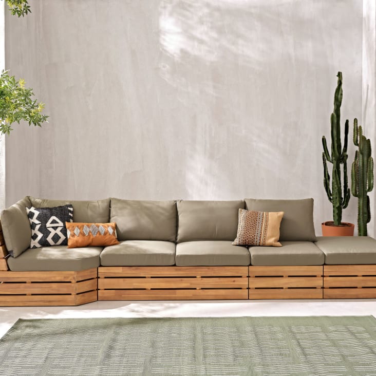 Poltroncina da giardino professionale modulare in acacia massello e cuscini verde kaki-Floripa Business ambiance-11