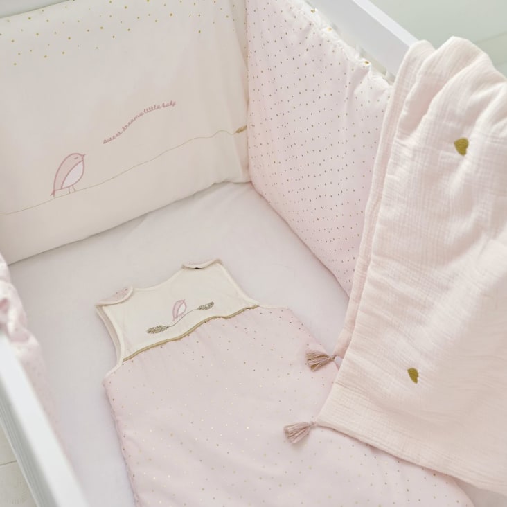 Protetor de berço de bebé de algodão cor-de-rosa e branco BIRD
