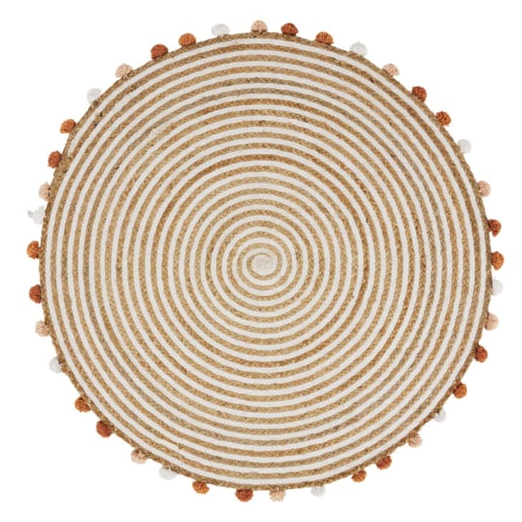Rond tapijt van katoen en jute met spiraalpatroon en pompons