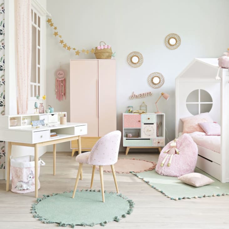 Roze en witte kinderboekenkast in huisvorm-Bucolique ambiance-13
