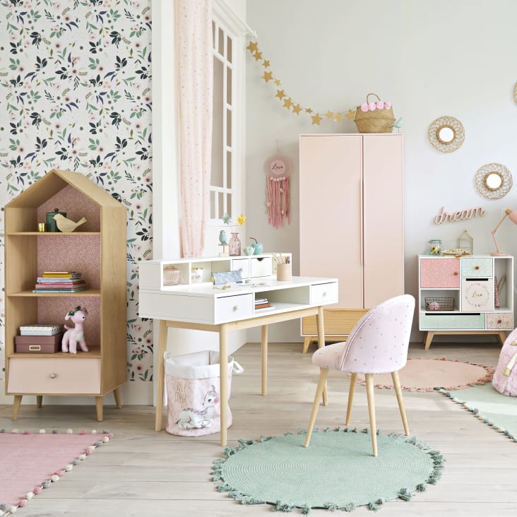 Roze en witte kinderboekenkast in huisvorm-Bucolique ambiance-9